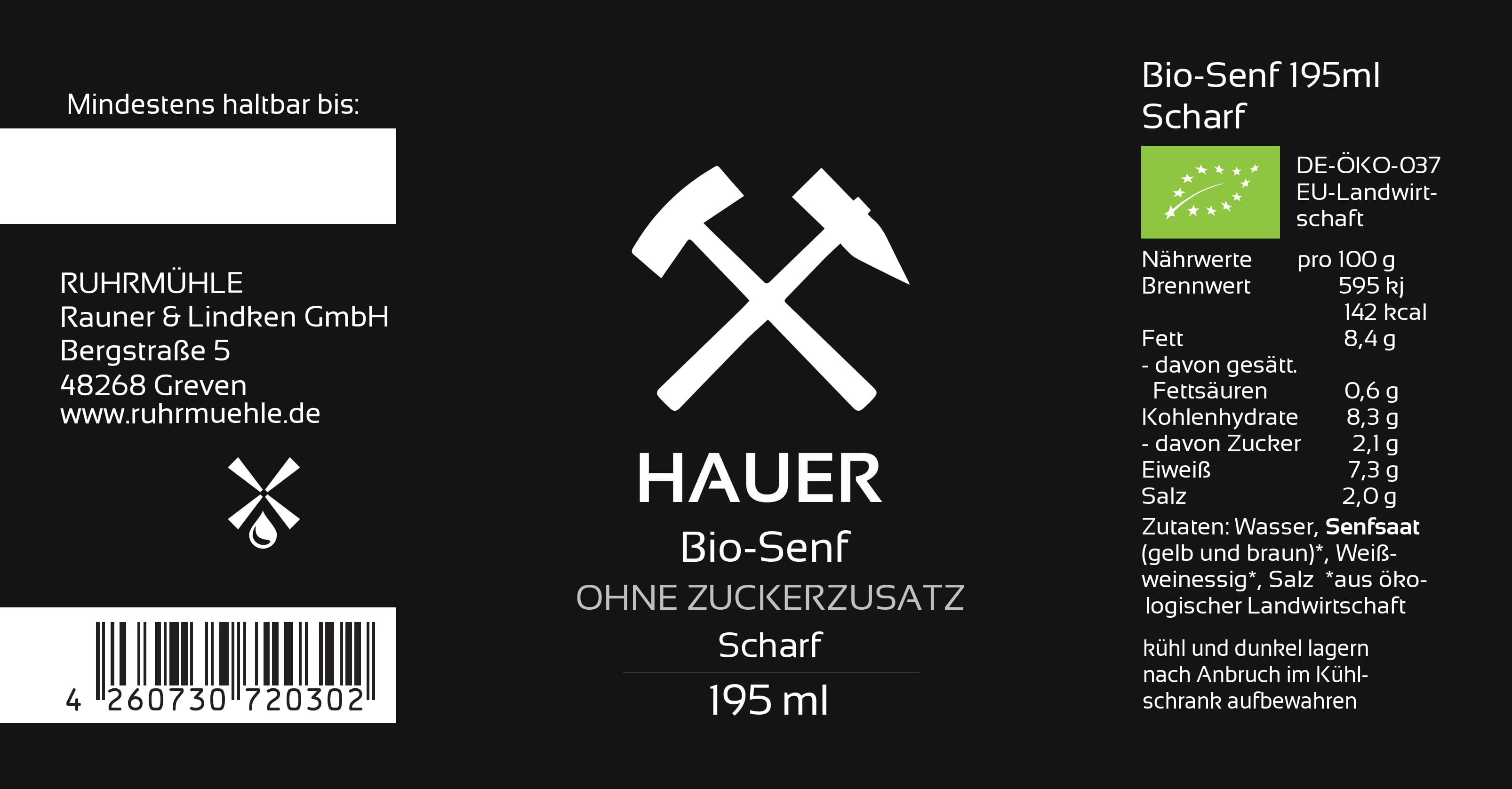 Bio-Senf Hauer (ehemals Purist) - scharf (DE-ÖKO-037) 195ml
